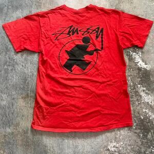 Vintage 90s Red Stussy T Shirt! Surfman Back Hit. Surfwear Billabong Size Small
